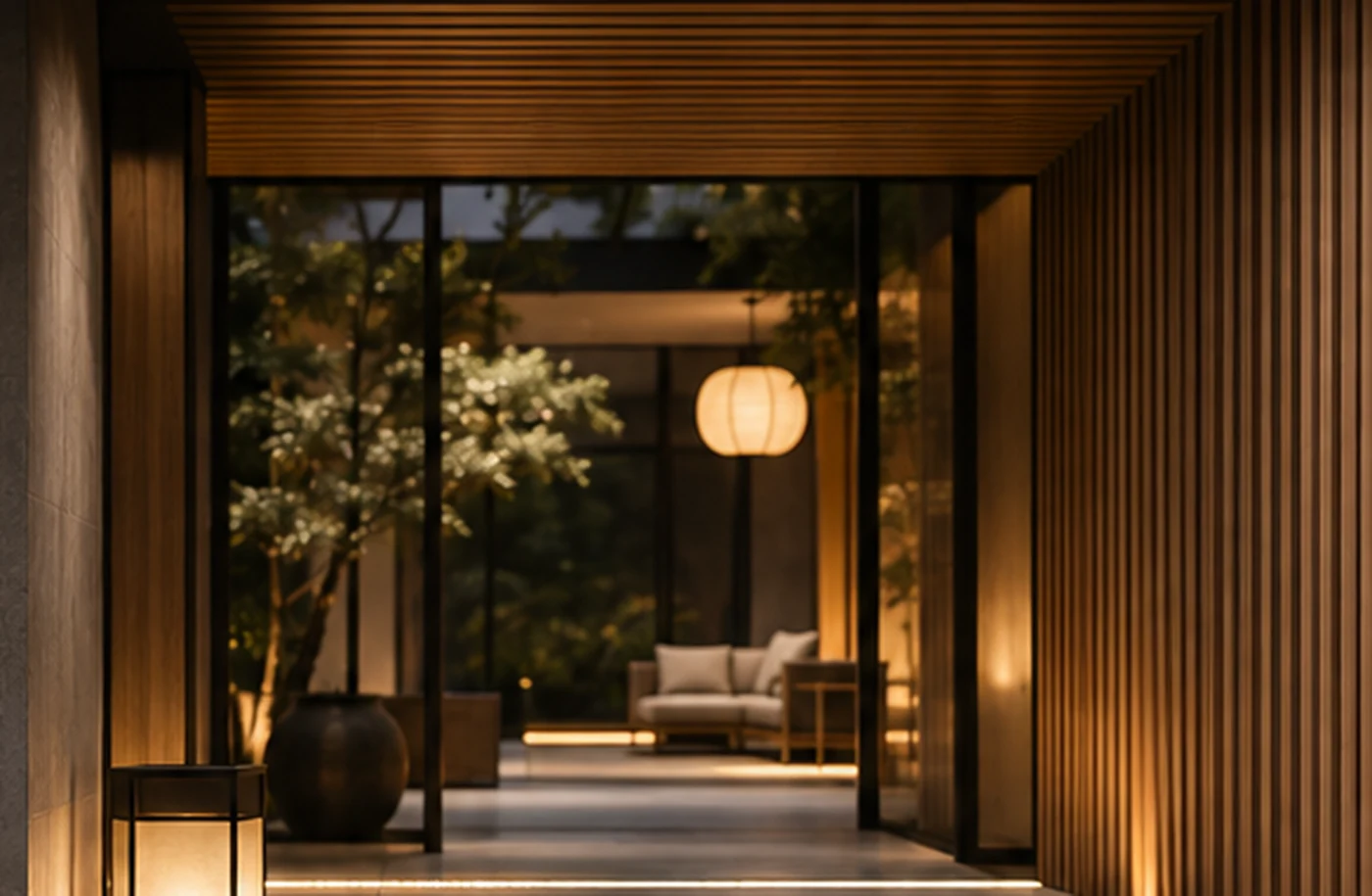 Warmly lit minimalist wood-and-stone entrance with a refined Japandi aesthetic